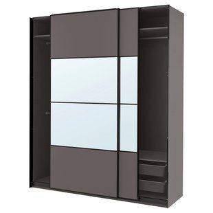 Шкаф с раздвижными дверями, темно-серый двусторонний/темно-серый зеркальный шкаф, 200x66x236 см. PAX/MEHAMN/AULI / 195.613.69