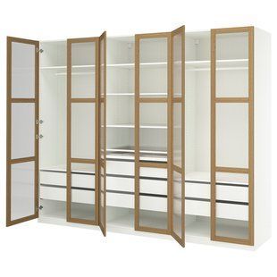 Шкаф-купе, белый/дубовый шпон со стеклом, 300x60x236 см PAX/TONSTAD / 395.667.14