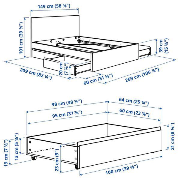 Кровать с 4 отделениями для хранения, белая, 140x200 см. STORKLINTA / 696.308.17