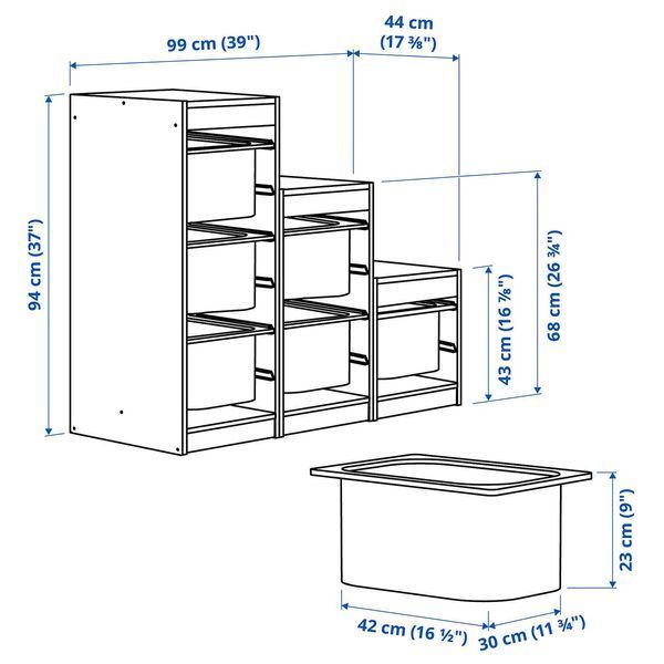 Полиця з контейнерами, світло-блакитний/сірий, 99x44x94 см TROFAST / 795.744.44