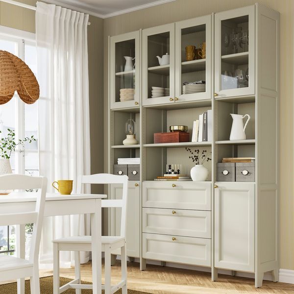Полиця, бежеве прозоре скло/з дверцятами та полицями з 3 шухлядами, 162x37x216 см GULDDRAGARE / 996.124.59